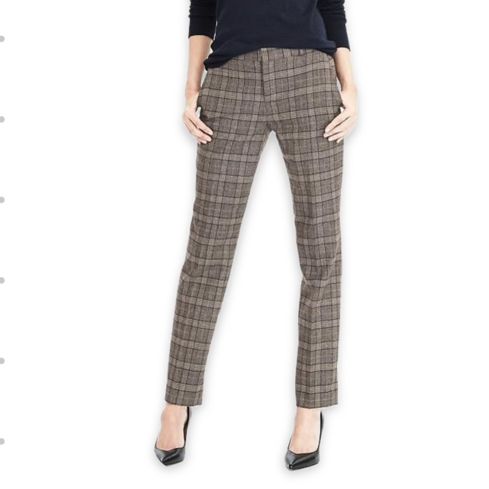 Banana Republic Wool Ryan Fit Plaid Straight Leg Dress Pants Dark Gray Black Tan